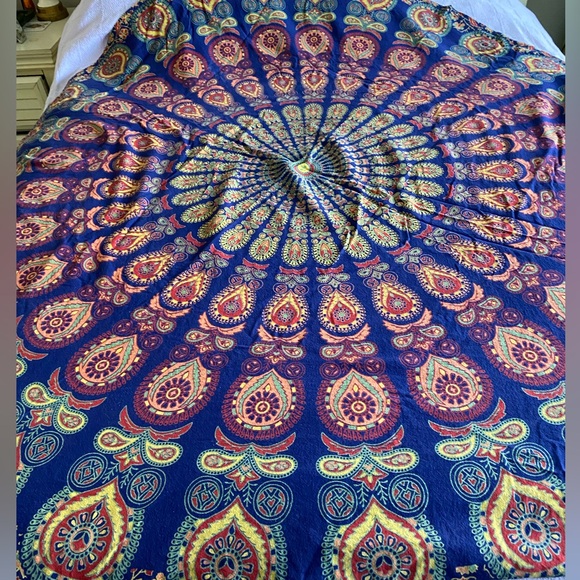 Tablecloth Round Colorful All Cotton. Blue, Red & Yellow. No stains, smells.EC - Picture 1 of 12